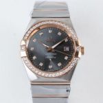 Perfect Replica Swiss Grade Omega Constellation Rose Gold Diamond Bezel Black Dial Watch